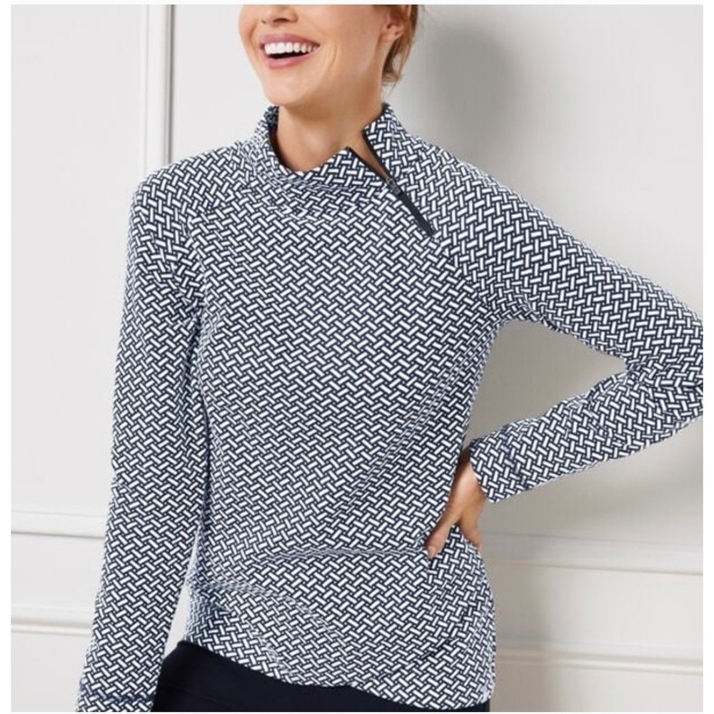 Talbots Womens Pullover Navy White Basketweave Asymmetric Zip 100% Cotton Active